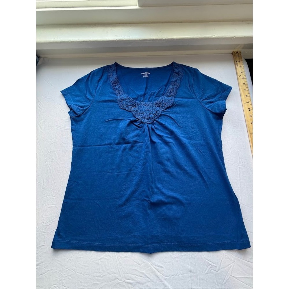 St Johns Bay Women's Blue Crochet Lace Neck Short Sleeve Top Petite XL